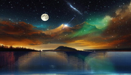 Wall Mural - aurora borealis starry night sky at sea , nebula star fall moon milky way reflection,mountains volca