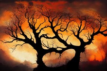 Silhouette Of Dead Tree With Sky On Fire, Burnt Tree With Branches Rising To Cloudy And Dramatic Sky, Apocalyptic Landscape At Sunset