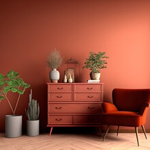 Terracotta Color Interior With Plants, Dresser, Armchair And Decor. 3d Render Illustration Mock Up.