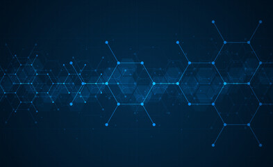 hexagons pattern on blue background. genetic research, molecular structure. chemical engineering. co