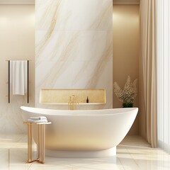 Poster - Realistic 3D render modern luxury off white beige ceramic bathtub with faucet and golden towel hanger. Empty marble side table, Products display, Tropical decor plants, Morning sunlight on blank wall