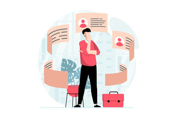 Poster - Employee hiring process concept with people scene in flat design. Man thinks and chooses between different resumes from job applicants to office. Illustration with character situation for web