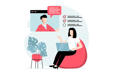 Wall Mural - Employee hiring process concept with people scene in flat design. HR manager conducts online interview and working skills test with job seeker. Illustration with character situation for web