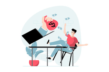 Fototapete - E-payment concept with people scene in flat design. Man pays for purchases with credit card, receiving cashback and bonus payments to bank account. Illustration with character situation for web