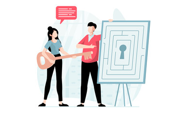 Fototapete - Finding solution concept with people scene in flat design. Man and woman are looking for solutions to solve labyrinth and pick up key to keyhole. Illustration with character situation for web