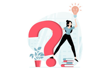 Leinwandbilder - Finding solution concept with people scene in flat design. Woman generates new ideas and brainstorming, creates solutions and solves problem. Illustration with character situation for web
