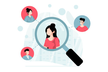 Leinwandbilder - Focus group concept with people scene in flat design. Woman making marketing research and analysis buyers connected with her using social networks. Illustration with character situation for web