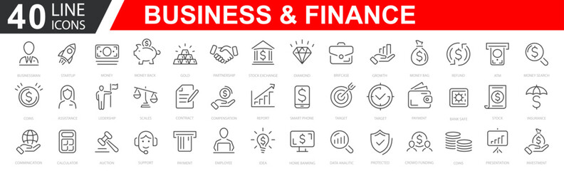 Wall Mural - Set of Business icons. Business and Finance web icons. Vector business and finance editable stroke line icon set with money, bank, check, law, auction, exchance, payment. Vector illustration.