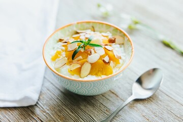 High angle closeup of a Fruit Bowl with Almonds