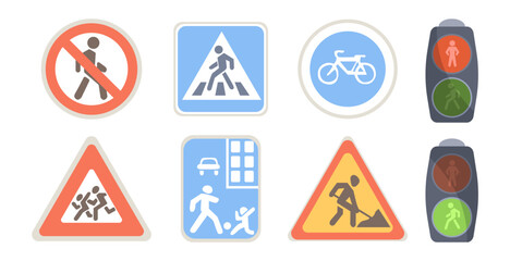 Wall Mural - Different road signs vector illustrations set. Traffic signs for safe transportation and traffic lights isolated on white background. Traffic, protection, prevention, safety concept