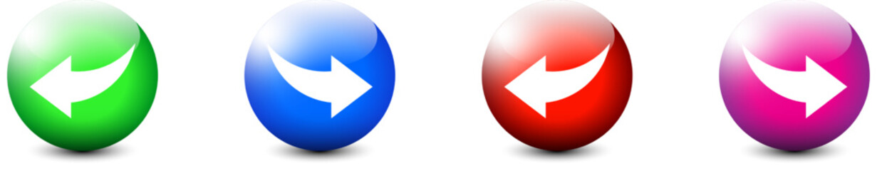 Colored shiny buttons with curved arrows inside. Set of curved arrows. Flat vector illustration.