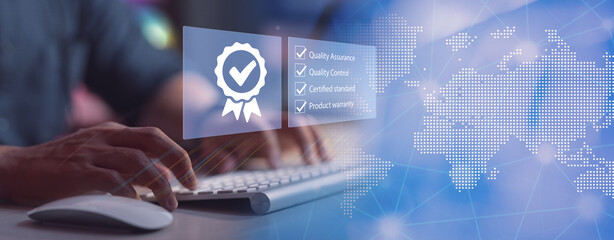 Quality Assurance and Quality Control Concept - Modern graphic interface showing certified standard process, product warranty and quality improvement technology for satisfaction of customer.