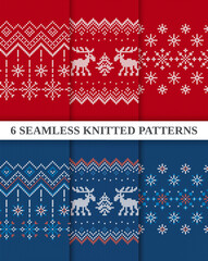 Xmas knit seamless patterns set. Christmas borders collection blue and red. Set knitted textures. Holiday ugly sweater. Fair isle traditional ornaments. Festive winter backgrounds. Vector illustration