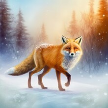 Run Fox Hunting, Vulpes Vulpes, Wildlife Scene From Europe. Orange Fur Coat Animal In The Nature Habitat. Fox On The Winter Forest Meadow, With White Snow