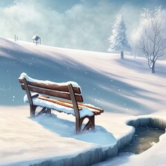 Poster - A wooden bench dug out of a snowdrift