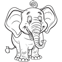 Wall Mural - Cute happy cartoon elephant outline vector illustration.Adorable zoo animal for coloring book. Children school education. Contour sketch doodle. Isolated funny baby character. Fun drawing for kids 