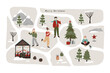 © helenreveur - Hand Drawn holiday winter map creator with houses, car, Christmas market stall, pine trees, people and outdoor elements. Flat illustration for poster, greeting card, print