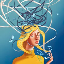 Young Woman Jane With Tangled Thoughts. Business Problem Solving Concept, Online Communication Problem And Question Resolution. 3d 2r Illustrated People Character Illustration.
