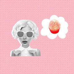 Wall Mural - Contemporary minimal retro collage art. Funny Retro Lady sweet food lover concept