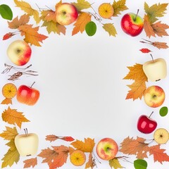 Poster - Frame of autumn fall leaves and apples fruit on white background Flat lay, top view, copy space , anime style