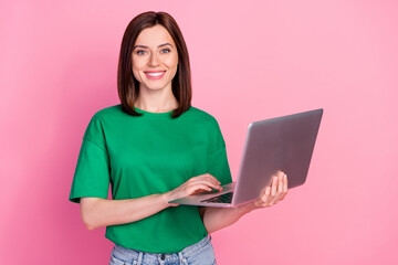 Sticker - Photo of pretty positive lady hold wireless netbook toothy smile isolated on pink color background