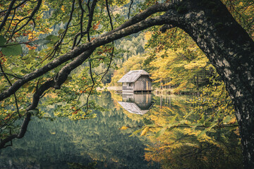 Wall Mural - Lake Hinterer Langbathsee close to Gmunden and Ebensee in Austria.