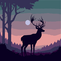 Wall Mural - Silhouette of a deer at sunset, sunrise. Beautiful vector art illustration. Dawn, dusk, wild stag in the forest. Isolated mammal. Graphic element of hunting animal. Reindeer in nature. Hipster art