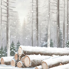 Poster - Winter forest pine and spruce trees covered with snow. Log trunks pile. the logging timber wood industry. Wide banner or panorama wooden trunks, snowing time background.