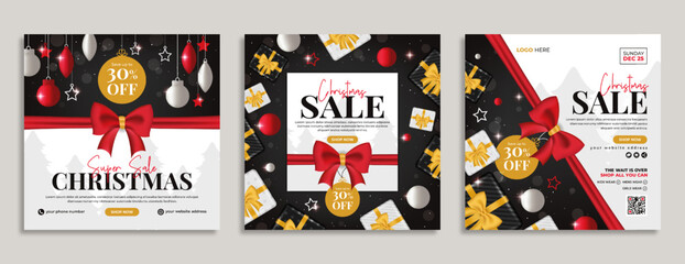 Wall Mural - Christmas sale marketing social media banner post template with realistic gift box and ribbon. Business promotion web poster with logo and xmas tree. Holiday or new year festival celebration flyer.