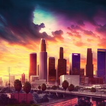 Los Angeles, California, USA Downtown Cityscape At Sunset