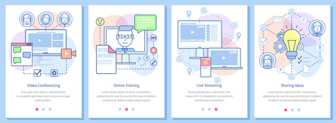 Distance learning, online meeting, live streaming and sharing ideas concept. Website for communication and education templates set. Technology for work and chatting, video conference, broadcast