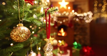 Wall Mural - christmas tree with decorations near a fireplace with lights