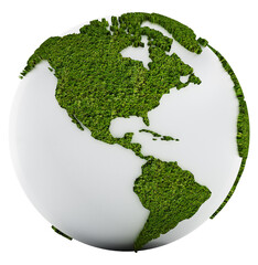 white globe with continents covered with grass on transparent background