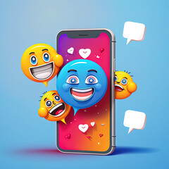 Sticker - Social media concept. Marketing time. Realistic abstract 3d design. Cartoon style. In hand phone sends emoticons of emotions to friends. Mobile Template Social network. smile icon. 2r illustrated