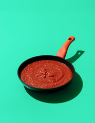 Wall Mural - Tomato sauce in an iron pan isolated on a green background