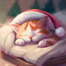Sleeping Ginger Cat On Christmas Evening. Beautiful Little Baby Kitten Wearing Santa Hat.