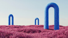 Surreal Landscape With Soft Blue Vibrant Arcs Sculptures Among Violet Pink Red Field Of Grass. 3d Rendering. Retro Futurism Surrealism