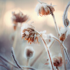 Wall Mural - Dry frozen flowers grow in snow, close up photo with selective soft focus, winter natural background