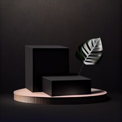 Poster - Minimal two wood boxes pedestal or podium for product showcase. Cosmetic stand pedestal. Black background. Leaf shadows. Empty stage. 3d render illustration High quality illustration.