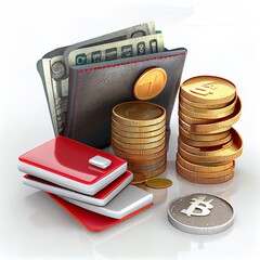 Canvas Print - 3D Money Saving icon concept. Wallet, bill, coins stack, and credit card on isolate white background, 3d rendering illustration