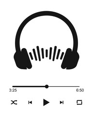 Wall Mural - Audio player interface with headphones sign, sound wave, loading bar and buttons play, shuffle, rewinf, fast forward and repeat. Online radio, podcast, broadcast concept. Vector graphic illustration