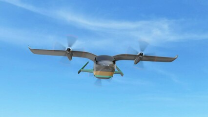 Wall Mural - Electric VTOL cargo delivery aircraft, Electric Truck and minivan moving on highway. 3D rendering animation.