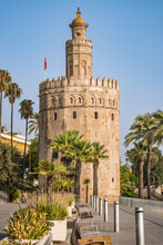 Pot Flowers And Palm Trees In Front Of The Facade Wall Of The Old Watchtower Torre Del Oro, Seville SPAIN