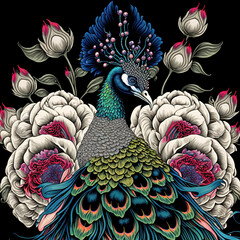 Wall Mural - large Royal peacock with an open tail in exotic flowers, vintage style. Digital illustration for t shirt, prints, posters, postcards, stickers,	tattoo