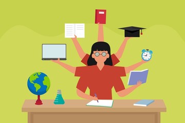 Multitasking vector concept. Female teacher doing multitask with many hands while sitting in the classroom