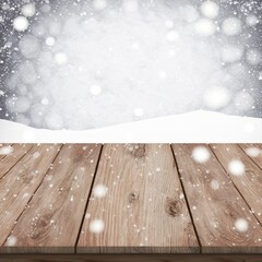 Sticker - Wooden table with snow texture background for Christmas and winter holidays 