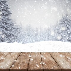 Poster - Wooden table with snow texture background for Christmas and winter holidays 