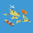 © Tri - Export import shipment vector concept: Shipping of containers by ship and plane with world map