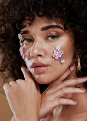 Wall Mural - flowers, skincare and woman in studio for beauty, grooming and facial with product from nature, orga