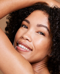 Canvas Print - Black woman, skincare and natural beauty, makeup and facial treatment, dermatology and cosmetics for shine, glow and healthy skin on studio background. Portrait african model, curly hair and face